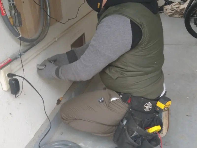 Electrician performing outlet wiring in a North Hudson garage